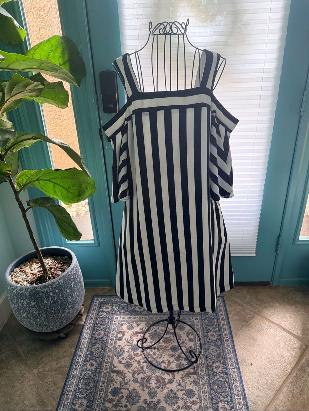 Taylor Black and White Striped Cold-Shoulder Dress